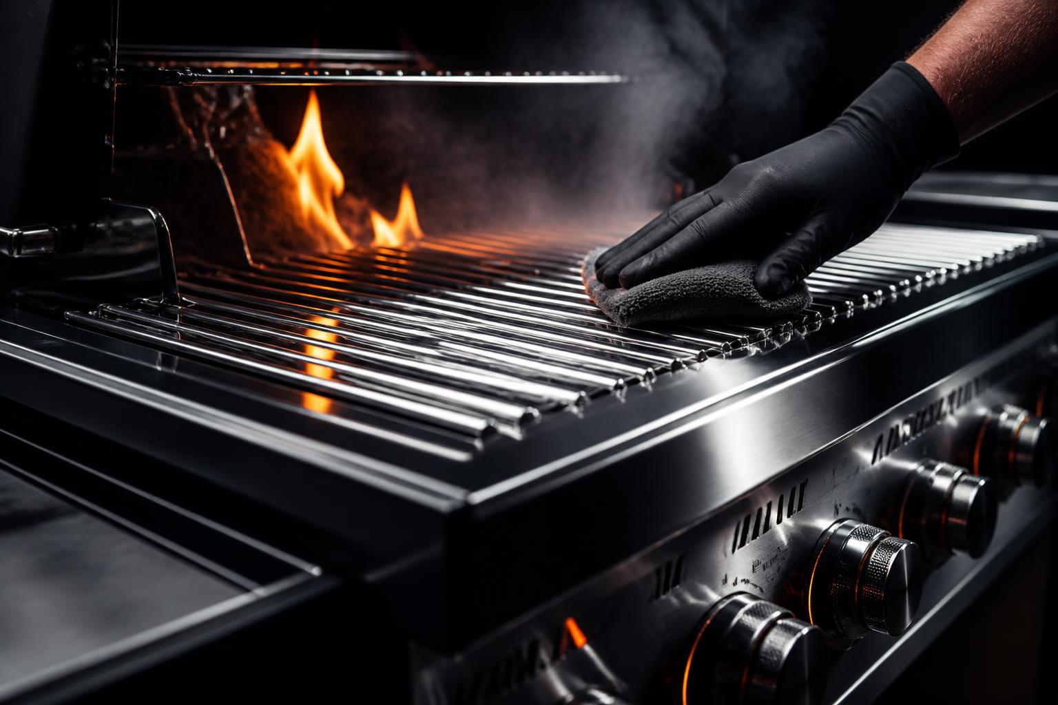 Professional cleaning a stainless steel grill with flame and smoke